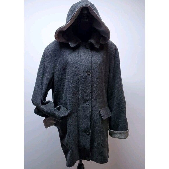 London Fog Women's‎ 100% Wool Grey Coat Hood Sz XL Square Pockets Lined Full Zip - Picture 16 of 16